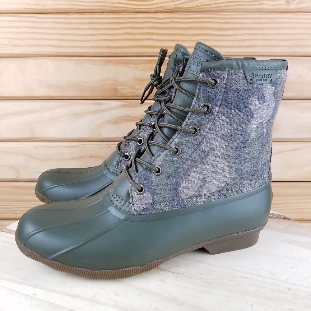 NEW Sperry Top-Sider Saltwater Duck Boot Camo Lace-up Waterproof Green Men 10